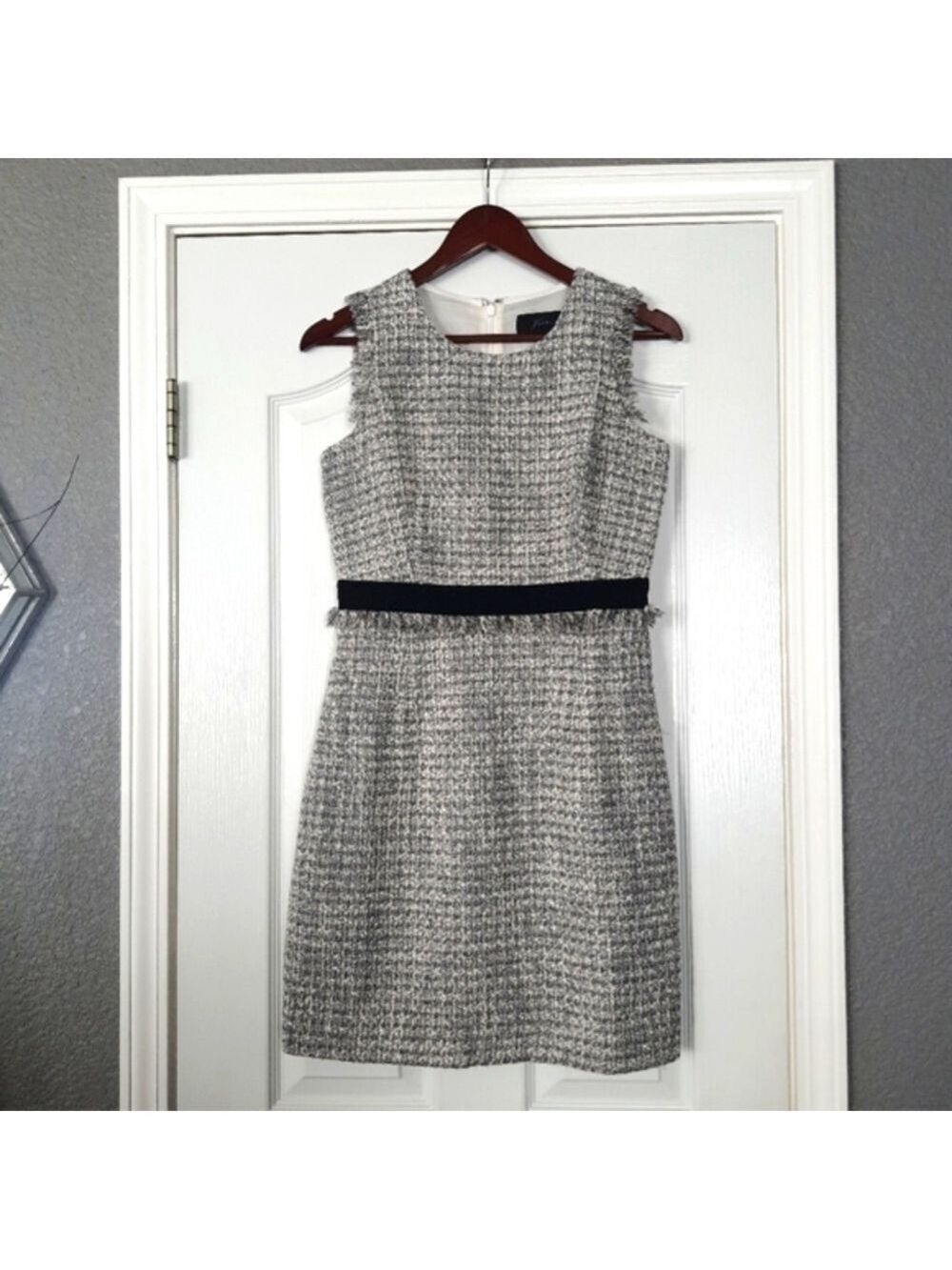J.Crew Metallic Tweed Fringe Sheath Dress Womens 6P Velvet Trim